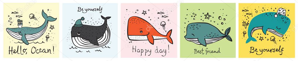 Vector illustration cards with cute whales and funny hand drawn quotes - Vector