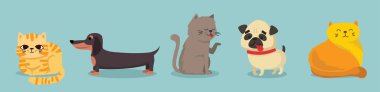 Sevimli ve komik çizgi film karakterlerinin vektör çizimi. Farklı cins kedi ve köpekler.