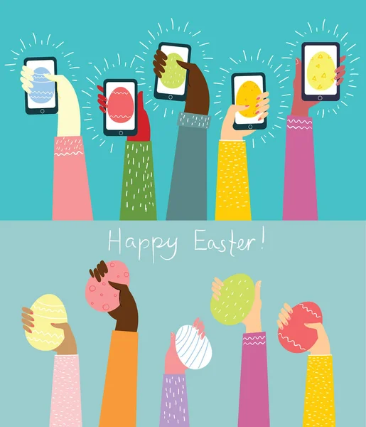 Ilustracja Wektorowa Ręce Góry Smartfonami Jaj Ulicy Event Wielkanocny Festiwal — Wektor stockowy