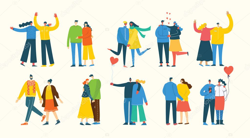Illustration with happy cartoon couples of people. Happy friends, parents, lovers on date, hugging, dancing, couples with kids
