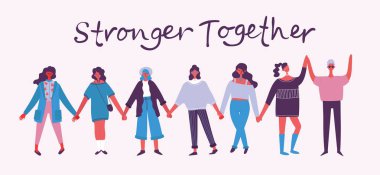 Renkli vektör mutlu kadın internarional gün illüstrasyon kavramı. Mutlu kadın arkadaş, feminists, düz tasarım kardeşlik Birliği. Daha güçlü birlikte yazıt 