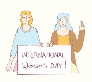 Colorful vector illustration concept of Happy Womens internarional day. Happy female friends, union of feminists, sisterhood in flat design, international womens day inscription on poster   clipart