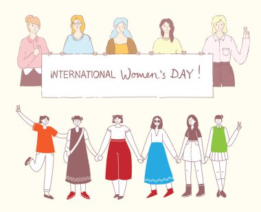 Renkli vektör mutlu kadın internarional gün illüstrasyon kavramı. Mutlu kadın arkadaş, feministler, kardeşlik düz tasarım, uluslararası kadın gün yazıt afiş Birliği  