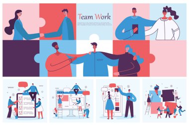 Office kavramı iş adamları düz stilde vektör Illustration. E-ticaret, proje yönetimi, başlangıç, dijital pazarlama ve mobil iş kavramı reklam 