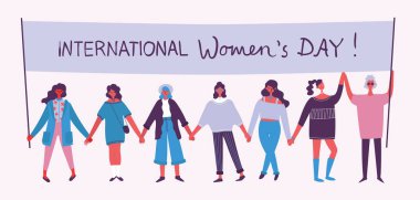 Renkli vektör mutlu kadın internarional gün illüstrasyon kavramı. Mutlu kadın arkadaş, feministler, kardeşlik düz tasarım, uluslararası kadın gün yazıt afiş Birliği 
