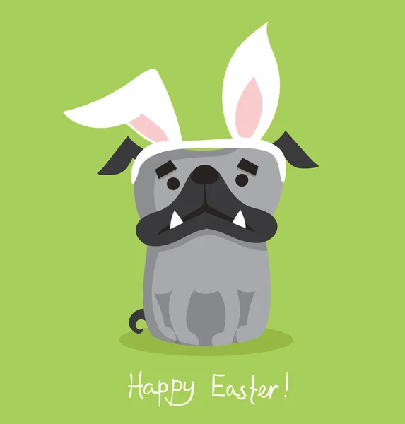 向量卡片与可爱的小狗与兔子耳朵和手绘文本 快乐复活节在平的样式 — 图库矢量图片