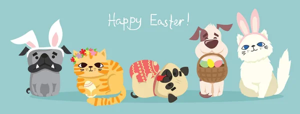 Wektor Wielkanoc Karta Cute Puppy Psów Kotów Uszy Królika Wiosna — Wektor stockowy