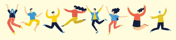 年轻人跳跃的概念 时尚的现代矢量插图卡与快乐的男性和女性青少年 — 图库矢量图片