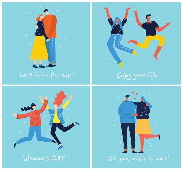 若者のジャンプの概念 幸せなオスとメスのティーネー ジャーとスタイリッシュなモダンなベクトル イラスト カード — ストックベクタ