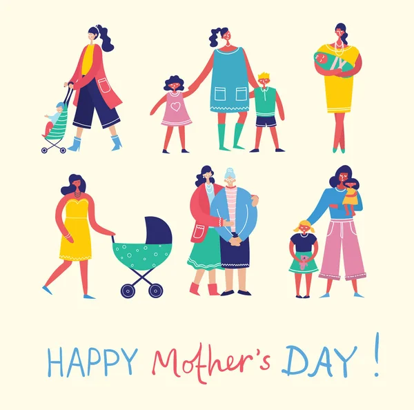 Colorato Concetto Illustrazione Vettoriale Happy Mothers Day Donne Con Bambini — Vettoriale Stock