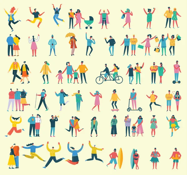 Vektör çizim düz tarzı atlama, dans, yürüme, aşk, kaç farklı etkinlikler insanlar düz stil spor yapıyor