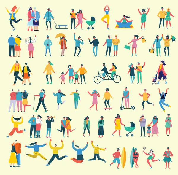 Ilustración Vectorial Estilo Plano Diferentes Actividades Personas Saltando Bailando Caminando — Vector de stock