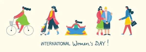 幸せな女性の国際日のカラフルなベクトル イラスト概念 幸せな女友達 フェミニスト フラットなデザイン 国際女性の日の碑文の姉妹の連合 — ストックベクタ