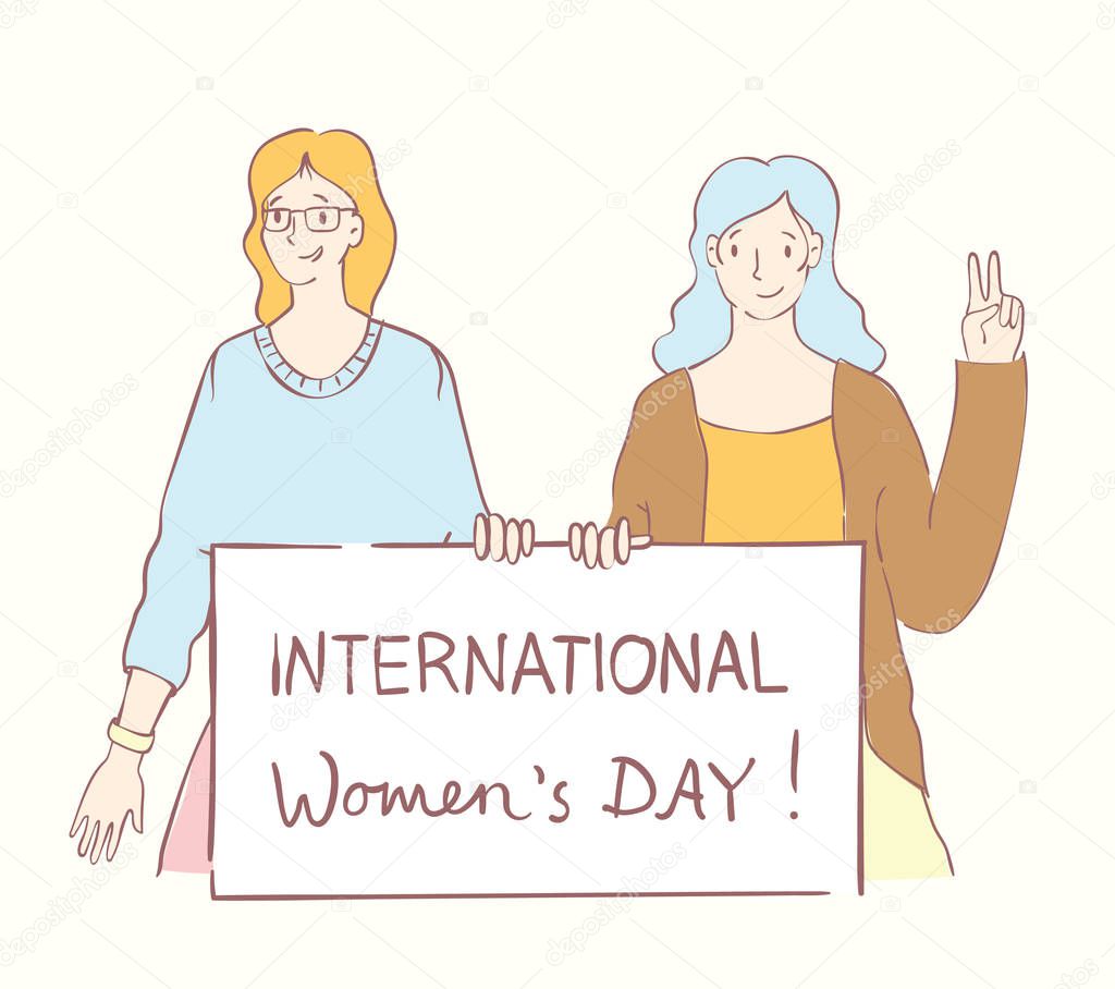 Colorful vector illustration concept of Happy Womens internarional day. Happy female friends, union of feminists, sisterhood in flat design, international womens day inscription on poster  