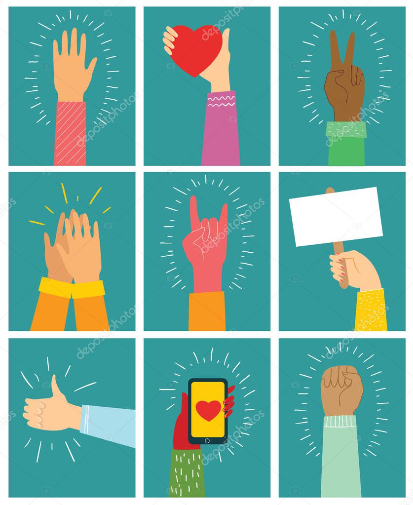 Vector illustration of different hands up. Concept of unity, protest, love, easter, smartphone, friendship, revolution, fight, cooperation. Flat outline design