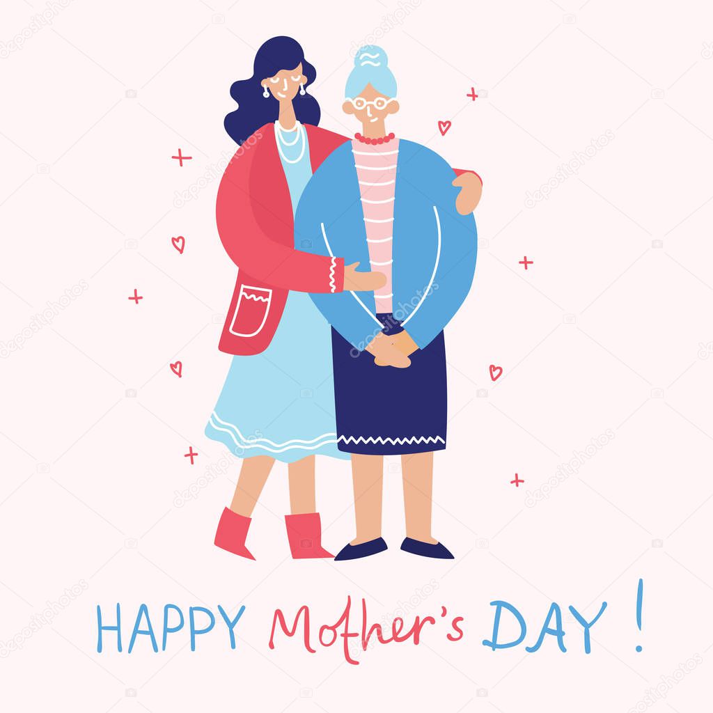 Colorful vector illustration concept of Happy Mothers day. Daughter with the old mother in the flat design for greeting card, poster and background