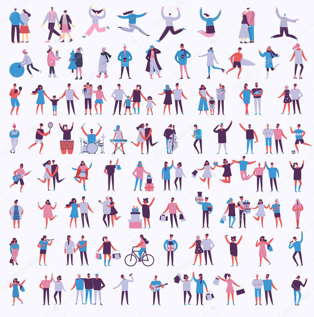 Vector illustration in flat style of different activities people jumping, dancing, walking, couple in love, doing sport isolated on white