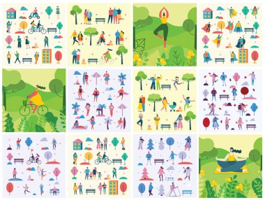 yeşil eko doğal arka plan üzerinde farklı faaliyetler yapan insanlarla ayarlanan kartların vektör Illustration