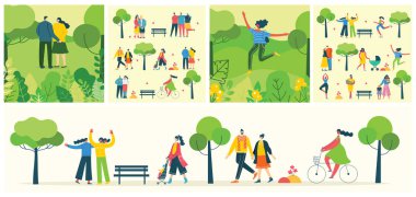 yeşil eko doğal arka plan üzerinde farklı faaliyetler yapan insanlarla ayarlanan kartların vektör Illustration