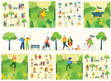 yeşil eko doğal arka plan üzerinde farklı faaliyetler yapan insanlarla ayarlanan kartların vektör Illustration