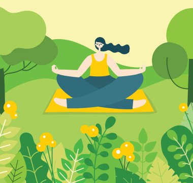 Yeşil Eko Park'ta yoga yaparken kadın vektör çizim