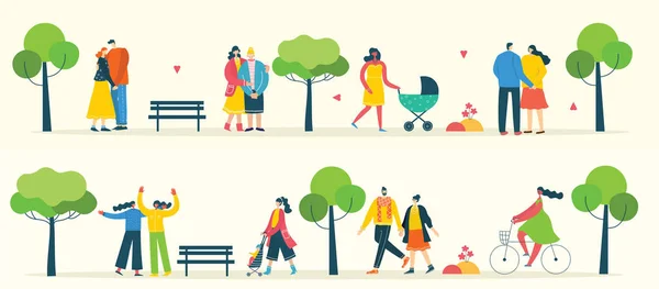 Vector Illustration Different People Couple Doing Activities Walking Have Rest — Stock Vector