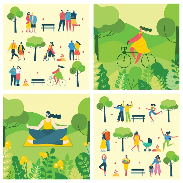 卡片的向量例证设置与人做不同的活动在绿色生态自然背景 — 图库矢量图片