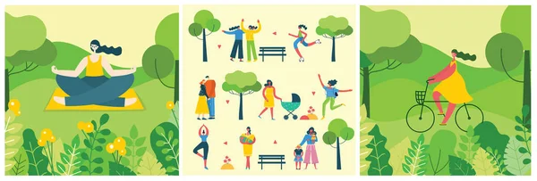 Vector Illustration Cards Set People Doing Different Activities Green Eco — Stock Vector