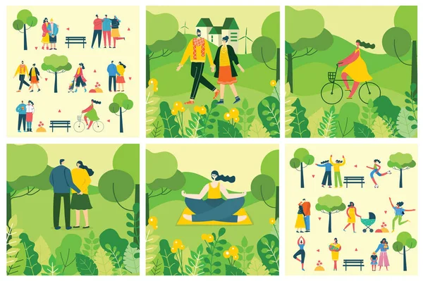 Vector Illustration Cards Set People Doing Different Activities Green Eco — Stock Vector