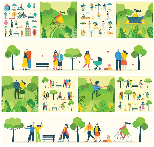 Vector Illustration Cards Set People Doing Different Activities Green Eco — Stock Vector