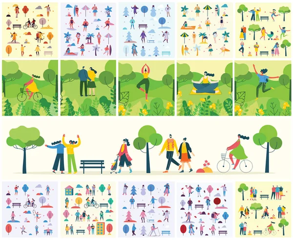 Vector Illustration Cards Set People Doing Different Activities Green Eco — Stock Vector