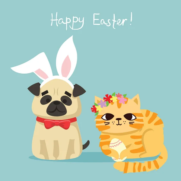 Vektorillustration Eines Fröhlichen Osterplakats Mit Hund Und Katze — Stockvektor