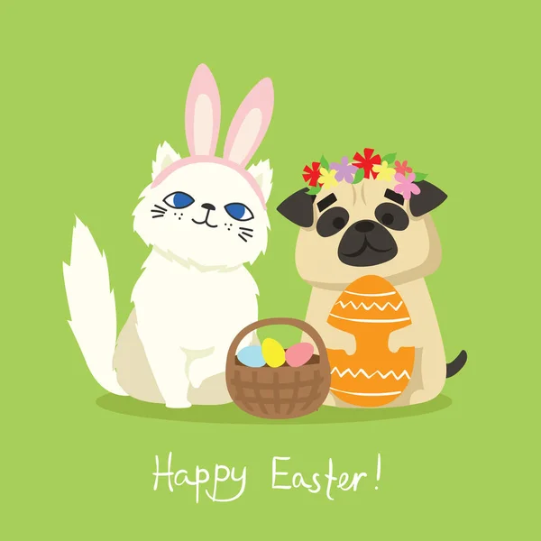 愉快的复活节海报的向量例证与猫和狗与篮子 — 图库矢量图片