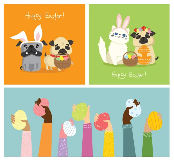 Ilustracja Wektorowa Happy Easter Plakat Ręce Trzymając Jaj Zwierząt Domowych — Wektor stockowy