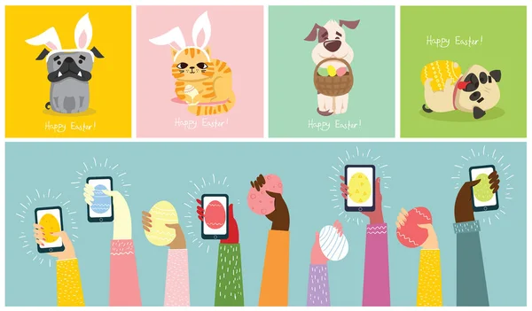 Векторна Ілюстрація Щасливого Великоднього Плаката Руками Тримають Яйця Домашніх Тварин — стоковий вектор