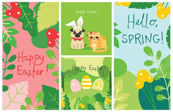 Ilustracja Wektorowa Theme Wiosna Zestaw Plakatów Happy Easter Koncepcja — Wektor stockowy