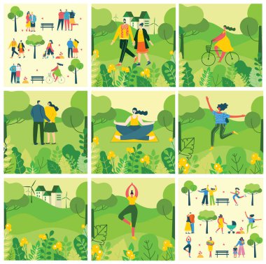 İnsanlar doğa posterler küme vektör çizim