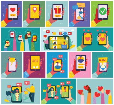 Hareket eden telefon kartları tutan el vektör çizim ayarla