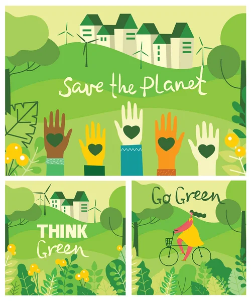 Vector Illustration Think Green Posters Set — Stock Vector