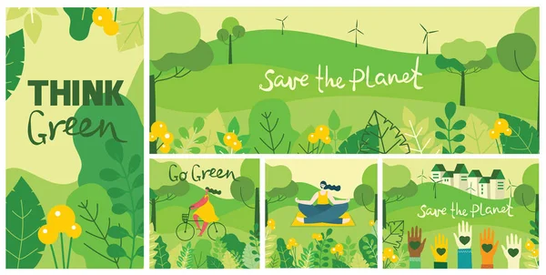 Vector Εικονογράφηση Του Σκεφτείτε Πράσινη Eco Κάρτες Σετ — Διανυσματικό Αρχείο
