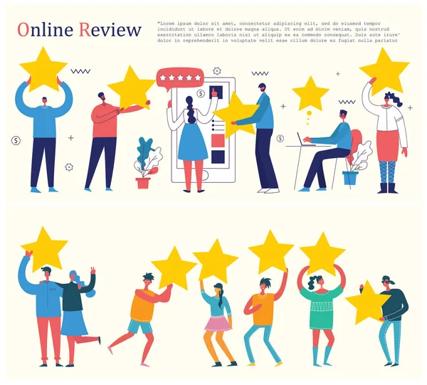 Ilustração Vetorial Conceito Revisão Online Pessoas Segurando Estrelas — Vetor de Stock