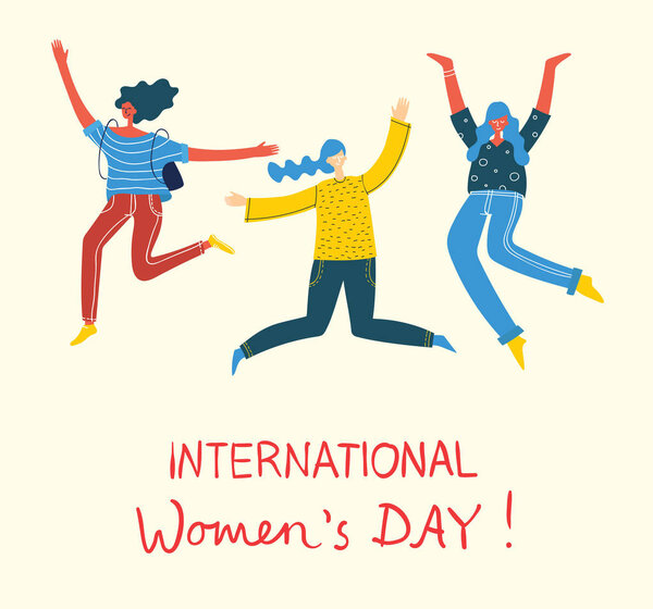 Colorful vector illustration concept of Happy Woman's international day . Happy female friends jumping