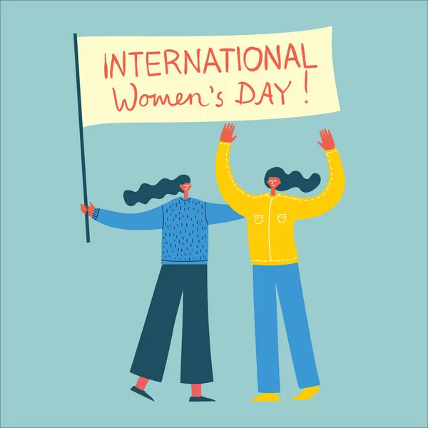 Colorful Vector Illustration Concept Happy Women International Day Two Women — Stock Vector