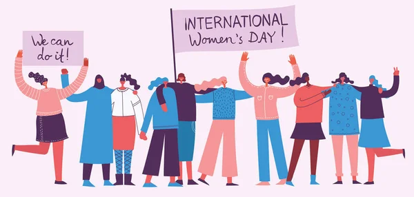 五颜六色的向量例证概念快乐妇女的国际天 快乐的女性朋友拿着平面设计的标语牌 — 图库矢量图片