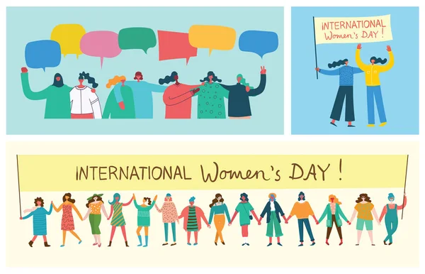 Conceito Ilustração Vetorial Colorida Dia Internacional Happy Woman Amigas Felizes — Vetor de Stock