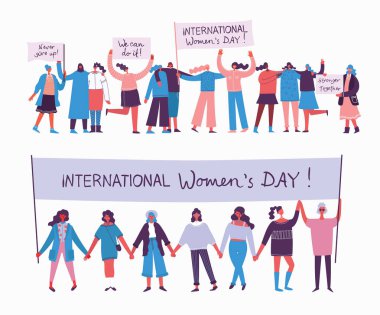 Mutlu kadın Internarional gün renkli vektör çizimler kavramı. Mutlu kadın arkadaşlar, feministler Birliği, kız Kardeşliği düz tasarım plasard tutarak