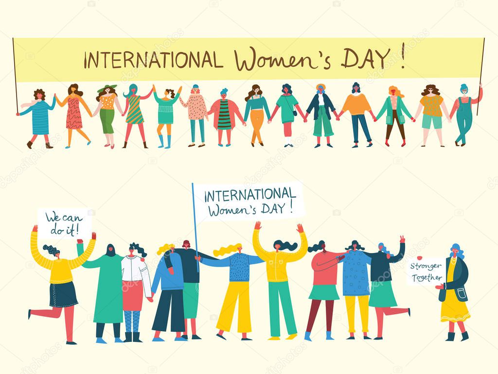 Colorful vector illustrations concept of Happy Woman's internarional day . Happy female friends, union of feminists, sisterhood holding the placard in flat design