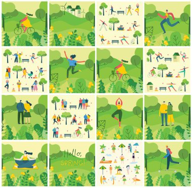 Farklı insanlarla vektör doğa Eko arka plan, birkaç aktivite, spor, yoga, yürüyüş ve düz tarzda orman ve Park, açık bir dinlenme var
