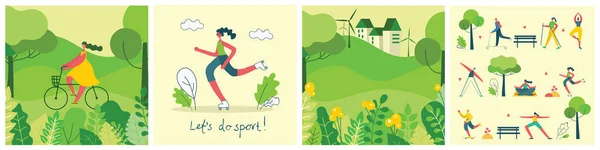 Vector Illustration Concept Flat Design Men Women Doing Sport Healthy — Stock Vector