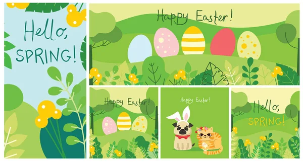 Happy Easter Card Flat Design Vector Illustration Easter Eggs Nature — Stock Vector